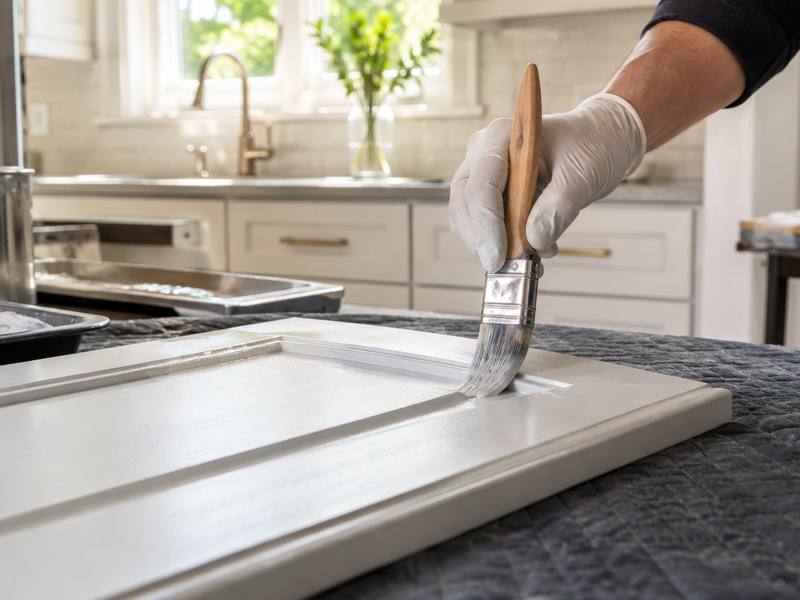 A gloved hand brushing white paint along the edge of a cabinet door on a padded table.