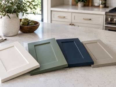 Four painted sample doors in white, sage, navy and greige laid side by side on a counter.
