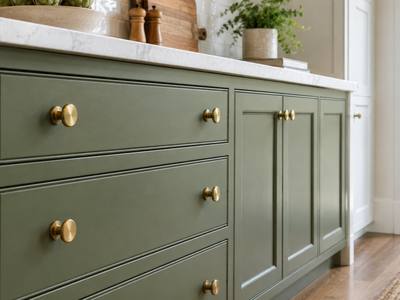 Sage green island drawer fronts with round brass knobs.