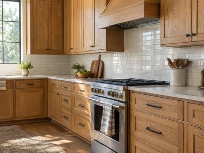 A golden oak kitchen in Meadowvale with a range and tile backsplash before any painting.