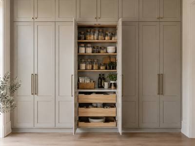 Light grey painted floor-to-ceiling pantry cabinets with one door standing open.