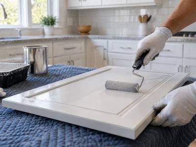 Gloved hands rolling white paint onto a cabinet door laid flat on a padded table.