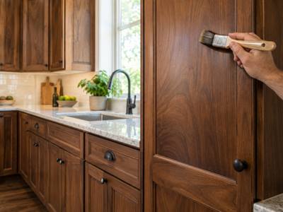 A dark walnut stained kitchen with a hand brushing finish onto a tall door.