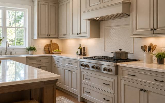 A warm greige painted kitchen with a range hood, an island and stools in a Meadowvale home.