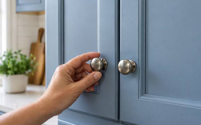 A hand turning a brushed nickel knob on a blue painted cabinet door.