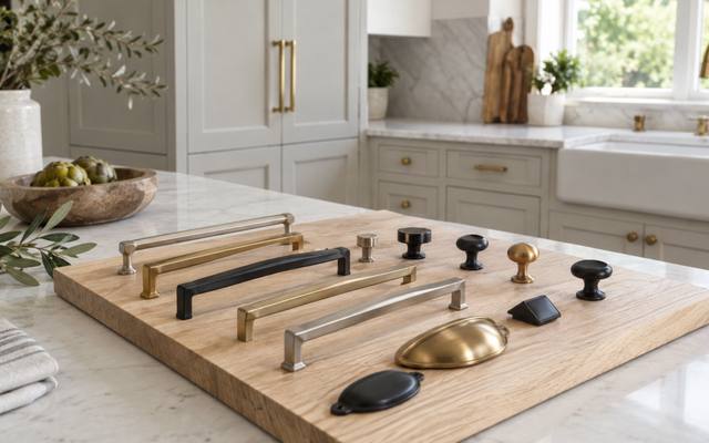 A board of handle and knob samples laid out on a counter.
