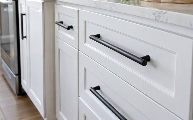 White painted drawers fitted with long black bar pulls.