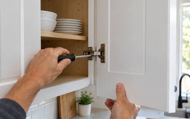 A hand adjusting the hinge on a white cabinet door.