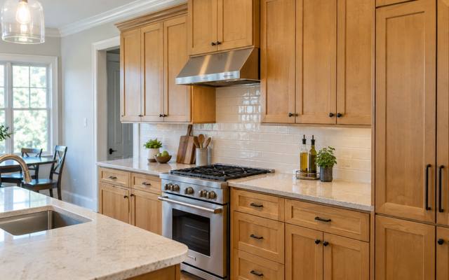 A honey maple stained kitchen with a stone-topped island.