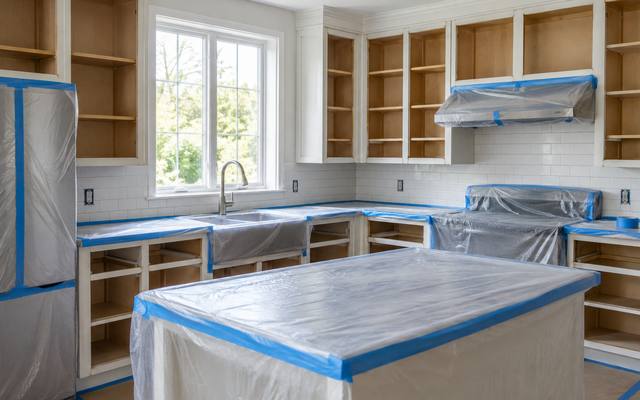 A kitchen with every door removed and the counters and island wrapped in plastic and tape for spraying.