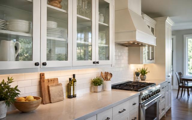 A white kitchen with glass-front upper cabinets and a range hood.