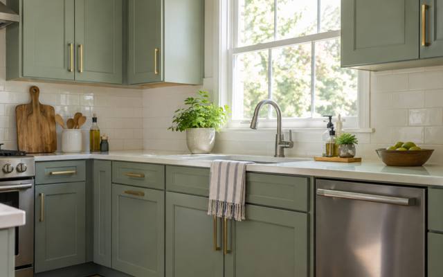 A sage green kitchen with painted uppers and lowers, brass pulls and a window over the sink.