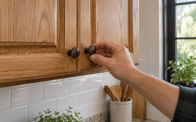 A hand fitting a bronze knob onto an oak cabinet door.