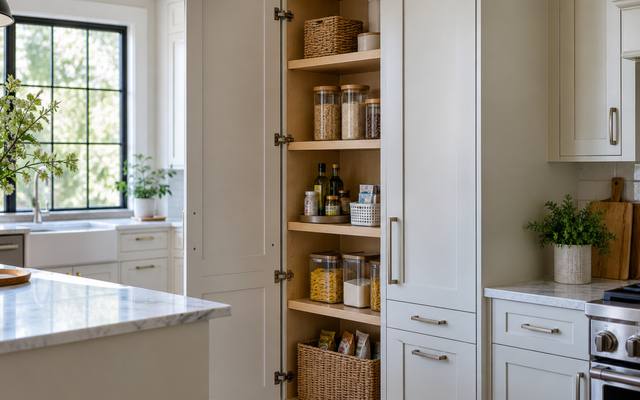 A tall pantry cabinet standing open with shelves of jars and baskets.