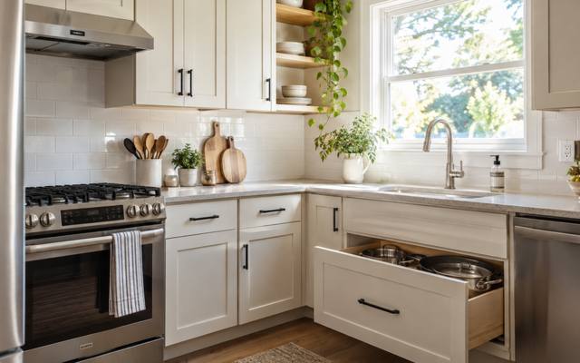 A compact white kitchen with a range and a deep drawer pulled open.