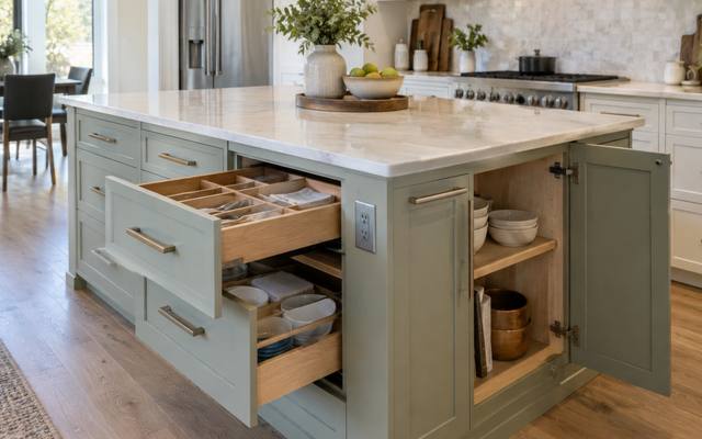 A sage green island with open drawers and shelves.