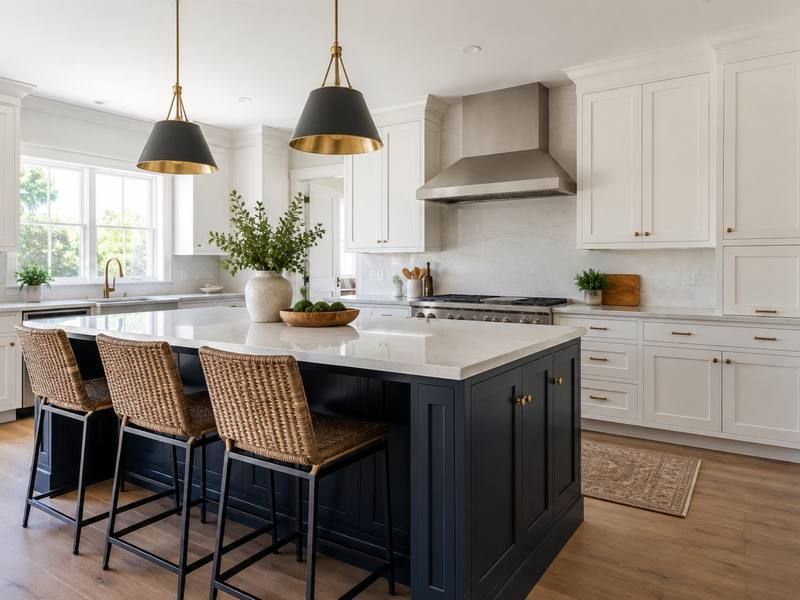 A navy blue island set in front of white perimeter cabinets under pendant lights.